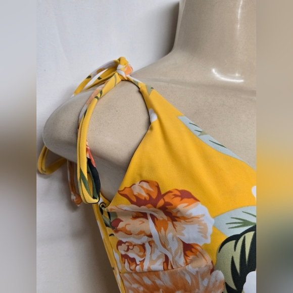 One Piece Bathing Suit Swimsuit Golden Yellow Floral Tie Front And Shoulders L - Picture 3 of 6